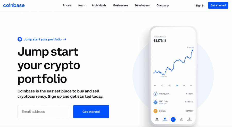 home page of Coinbase