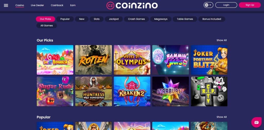 الألعاب المتاحة في كازينو Coinzino