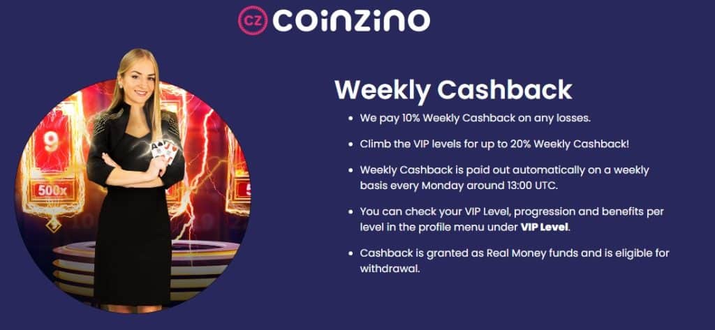 مكافأة كاش باك أسبوعي في Coinzino