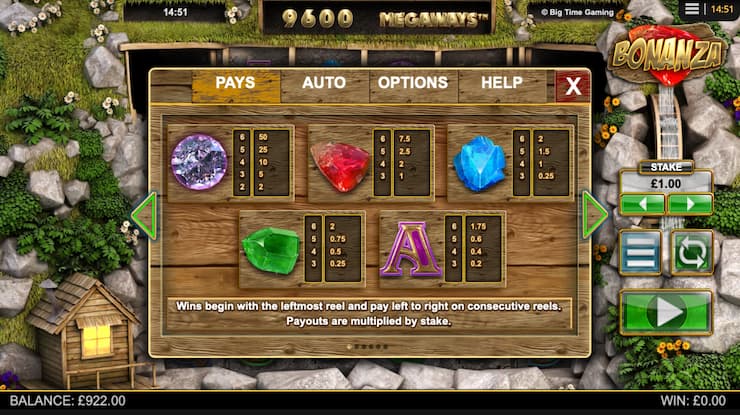 Bonanza Slots Paytable