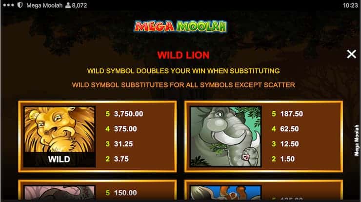 Mega Moolah slot paytable