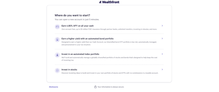 نافذة اختيار نوع حساب Wealthfront