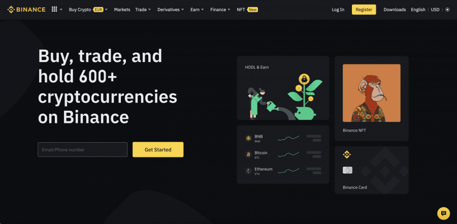 واجهة استخدام منصة Binance توضّح توفيرها لأكثرَ من 600 عملةٍ رقميةٍ إلى جانب متجر NFTs