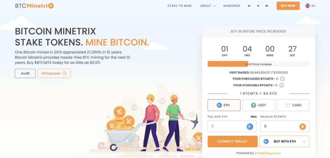 صورةٌ لصفحة Bitcoin Minetrix الرئيسية