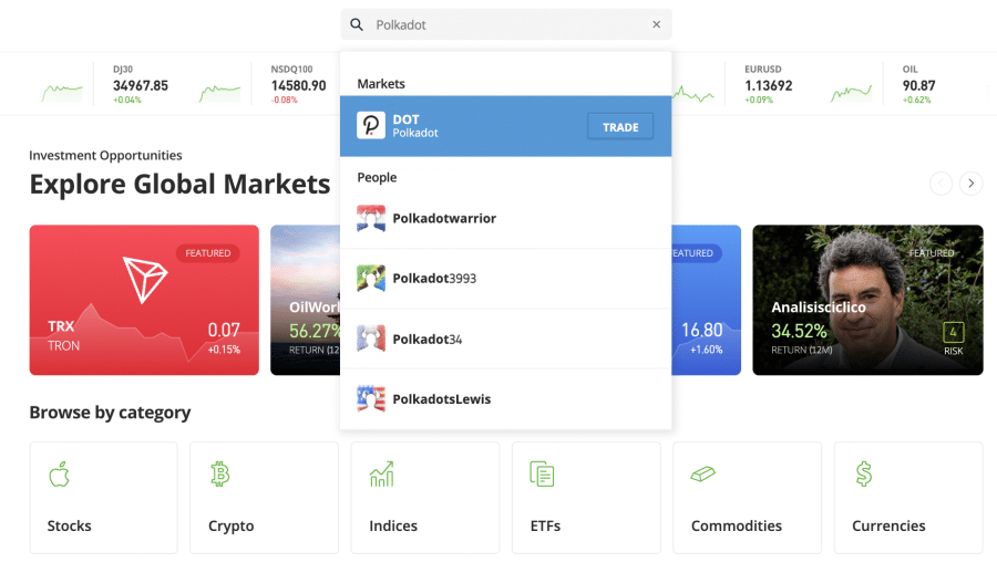 صورةٌ لكيفية البحث عن عملة DOT في منصة eToro