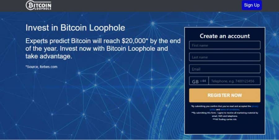 صورةٌ توضّح كيفية فتح حساب جديد على منصة Bitcoin Loophole