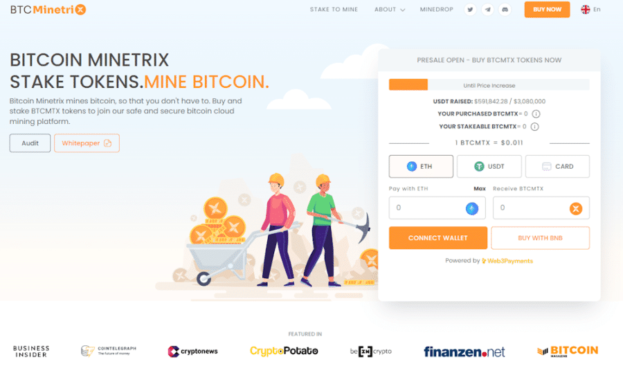 واجهة البيع المسبق لمشروع Bitcoin Minetrix وتوضّح طرق شراء عملة BTCMTX ورهنها لتعدين بيتكوين