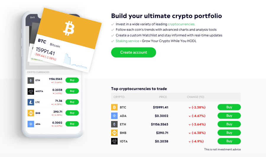 صورةٌ لتطبيق الهاتف المحمول توضّح أسعار العملات الرقمية، مع قائمةٍ بأكثر عملات eToro تداولاً