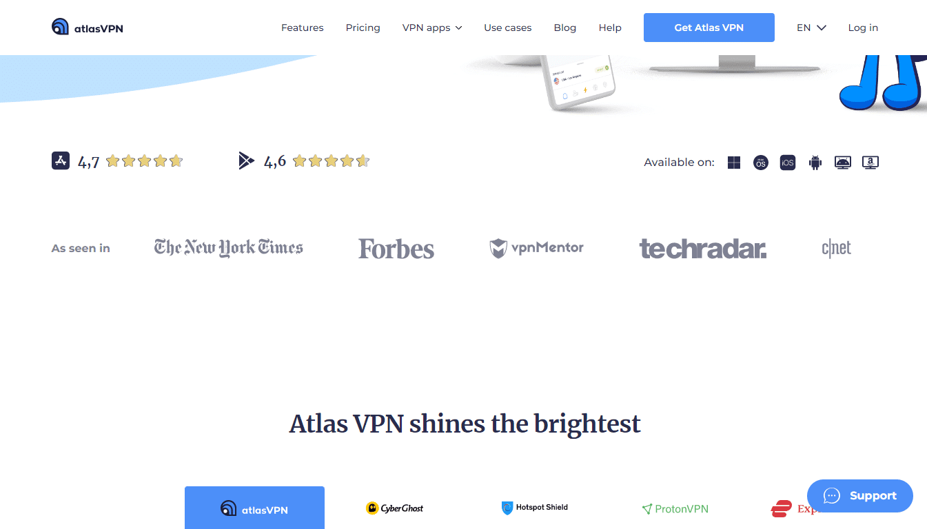 صورةٌ لصفحة موقع Atlas VPN الرئيسية تُبرز حصول أداته على تقييمٍ عالٍ