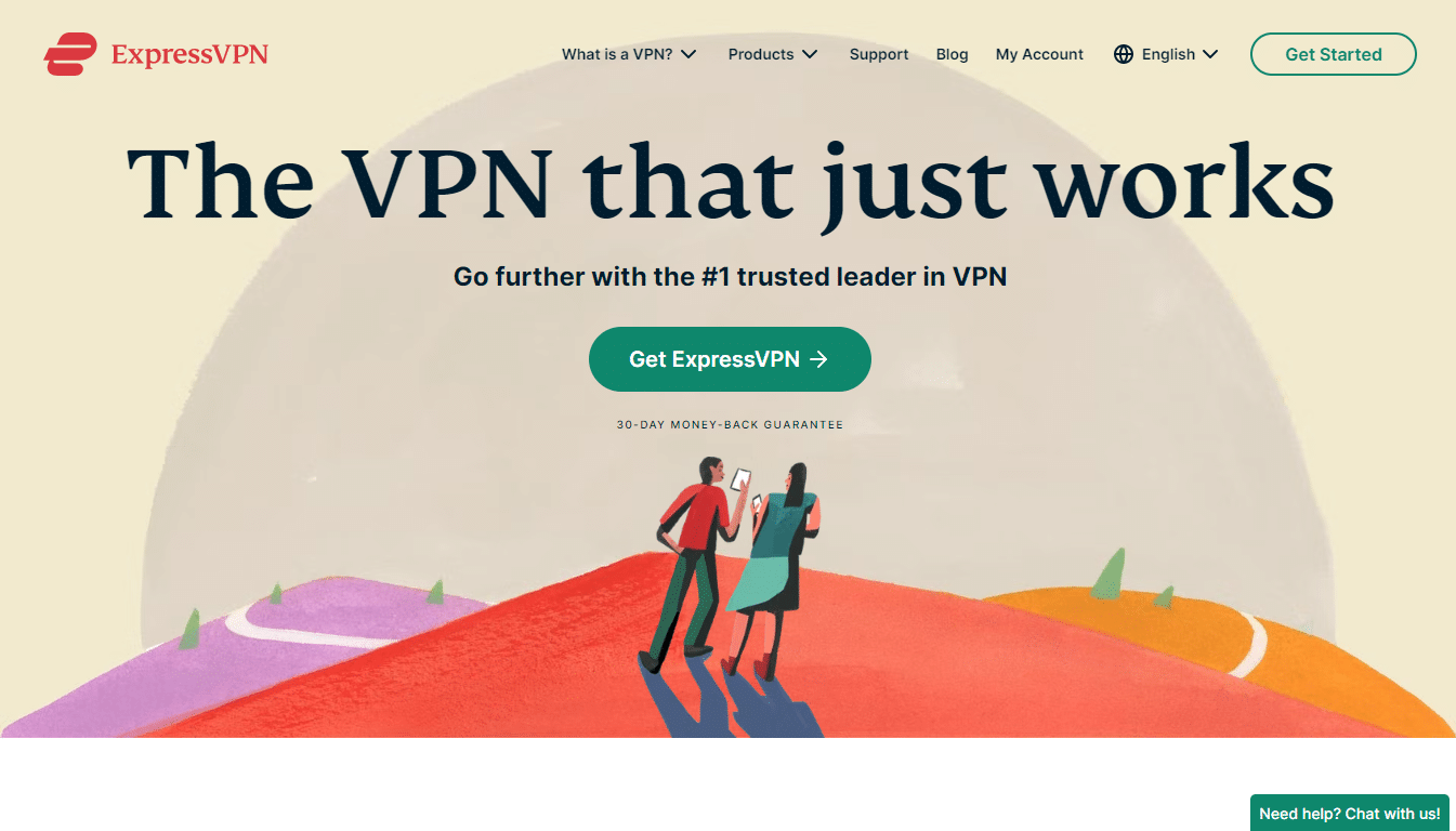 صورةٌ ترويجيةٌ من صفحة ExpressVPN الرئيسيّة تشير لسهولة عمله وكفاءته العالية