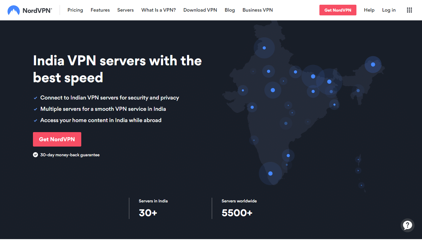 إعلانٌ ترويجيٌّ لبرنامج Nord VPN يُظهِر انتشار خوادمه بالهند وأبرز ميزاته