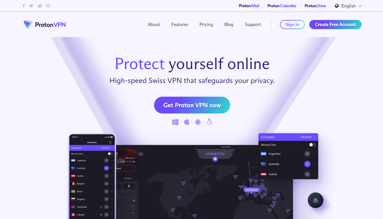 صورةٌ لصفحة موقع Proton VPN الرئيسيّة تُبرز أهمَّ ميزاته