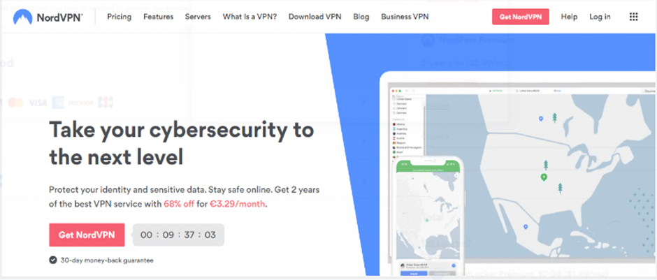 صورةٌ تُظهر صفحة موقع NordVPN الرئيسية بجانب خريطةٍ تعرض بعض خوادمه في الولايات المتحدة الأمريكية