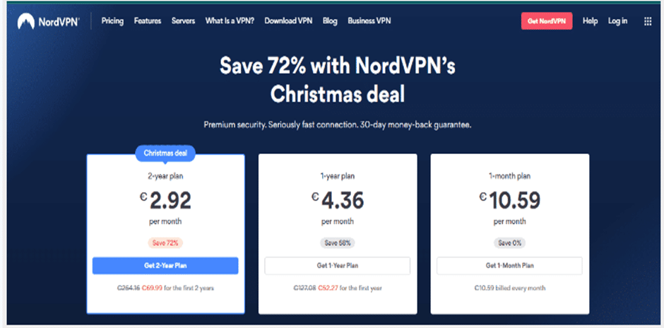 صورةٌ لبعض خطط اشتراك  NordVPNوخصومات أعياد الميلاد