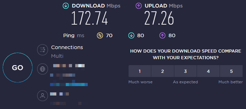 صورةٌ لواجهة موقع speedtest.net تبيّن سرعة الاتصال من خلال تجربة CyberGhost VPN عن طريق خادمٍ أقرب