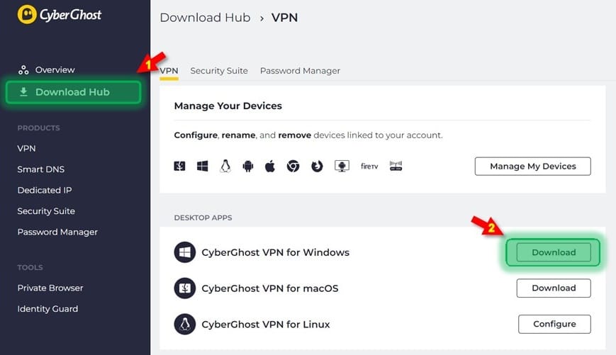 صورةٌ توضّح كيفية تنزيل تطبيق CyberGhost VPN