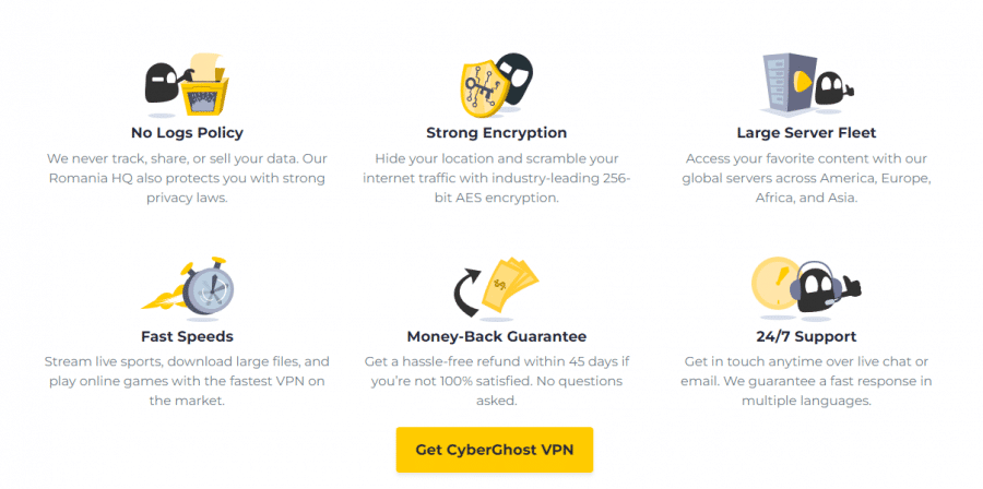 صورةٌ توضّح خصائص ومزايا CyberGhost VPN