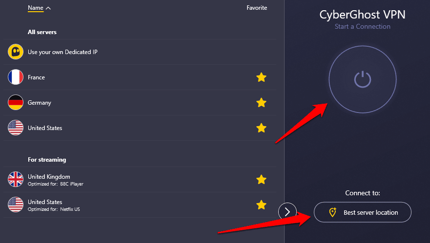 صورةٌ توضّح كيفية الاتصال بخوادم CyberGhost VPN