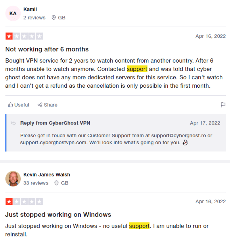 لقطة شاشةٍ تُظهر عيّنةً من تقييمات مستخدمين تشرح تجربتهم المُحبطة مع خدمة دعم العملاء لدى CyberGhost VPN