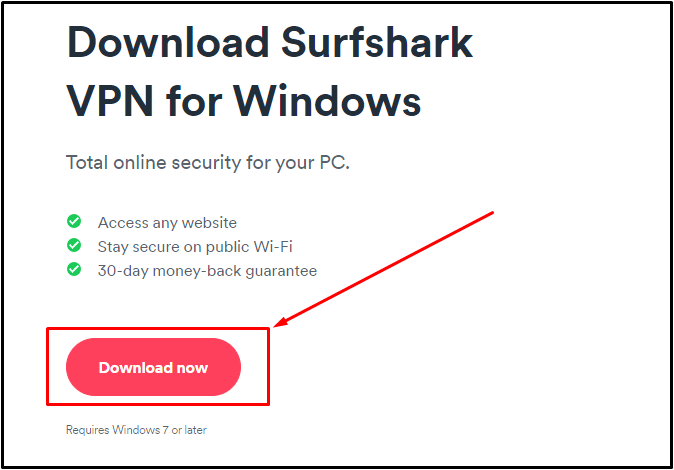 صفحة تحميل SurfShark لويندوز ومميزاته مع زر تحميل الآن باللون الأحمر في أسفل الشاشة