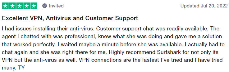 تعليق عميلٍ آخرَ حول SurfShark: خدمة VPN وبرنامج مكافحة فيروسات ودعم عملاء كلّها رائعة