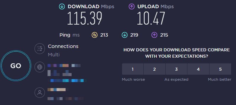 صورةٌ لواجهة موقع speedtest.net تبيّن سرعة الاتصال بالإنترنت عبرَ خدمة CyberGhost VPN