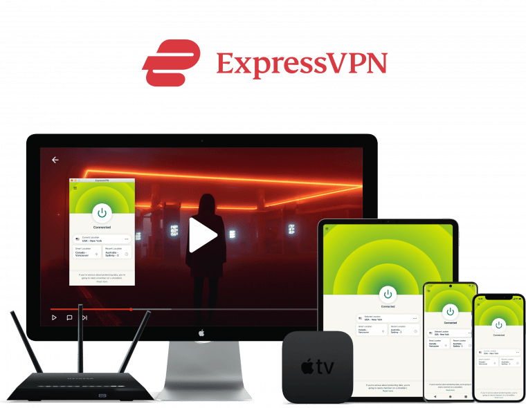 شعار شركة ExpressVPN وتحته العديد من الأجهزة الإلكترونيّة