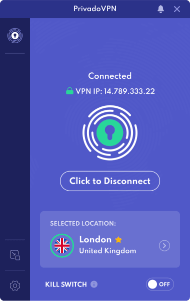 لقطة شاشةٍ لبرنامج PrivadoVPN يظهر فيها الاتصال بمدينة لندن مع عنوان IP وزرّ الإيقاف التلقائي