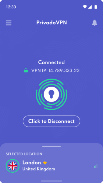 لقطة شاشةٍ لاتصال PrivadoVPN على نظام أندرويد