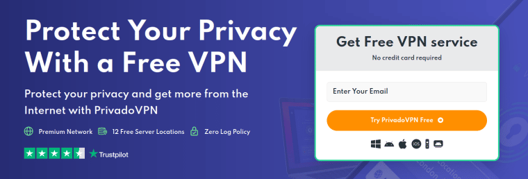 شرحٌ للاشتراك المجانيّ من PrivadoVPN ومربّع التسجيل باستخدام البريد الإلكترونيّ