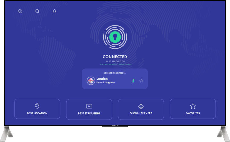 تلفازٍ عليه لقطة شاشةٍ لتطبيق PrivadoVPN حيث يمكن اختيار أفضل موقع جغرافيٍّ وأفضل خدمة بثٍ وتخصيص المفضّلات