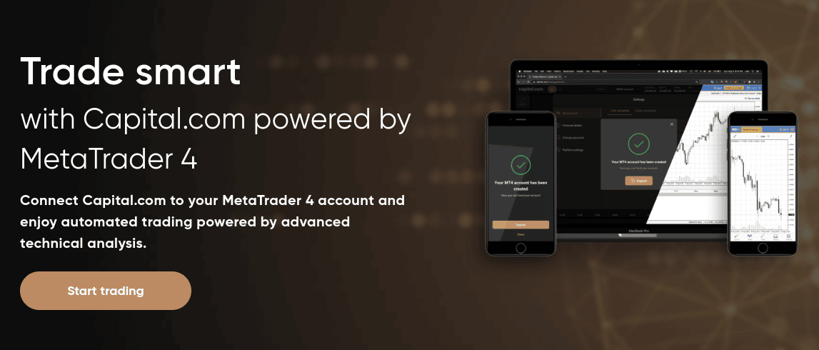 هاتفان محمولان وشاشة لابتوب عليها جميعاً صفحة منصة Capital.com مع شعار المنصة "تداول بذكاء" وكيفية عملها.