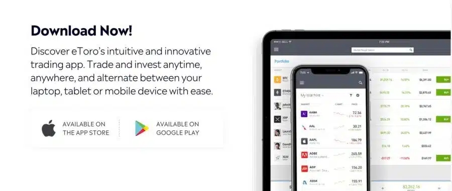 هاتفاً ذكياً وجهازاً لوحياً بجانبهما نص ترويجيّ يحث على تنزيل تطبيق منصة eToro للتداول