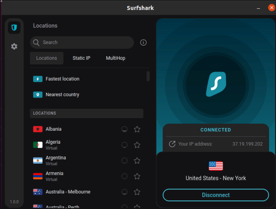 واجهة استخدام Surfshark VPN الرسومية لنظام Linux