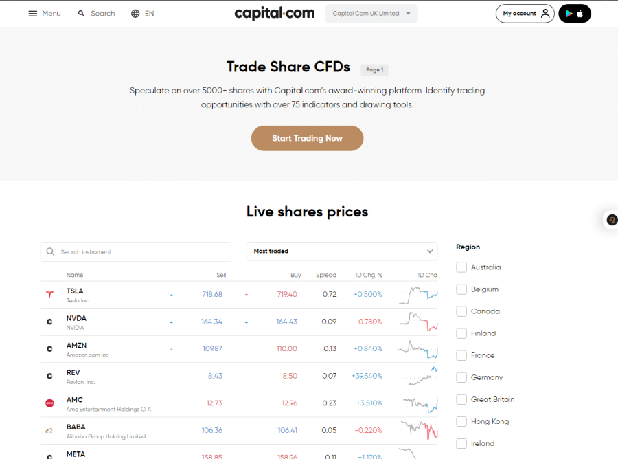 لقطة شاشة تظهر صفحة الأسهم لدى منصة Capital.com