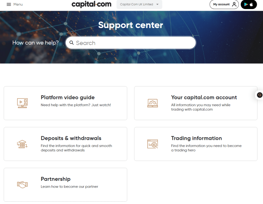 واجهة قسم خدمة العملاء لدى منصّة Capital.com