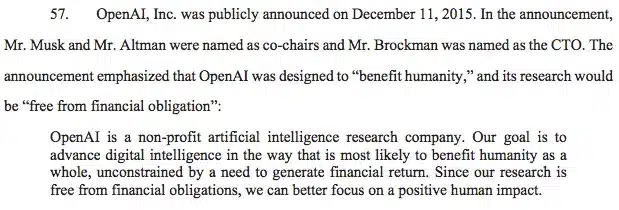 البند 57 من الدعوى القضائية يتضمن إعلان شركة OpenAI عن كونها غير ربحية