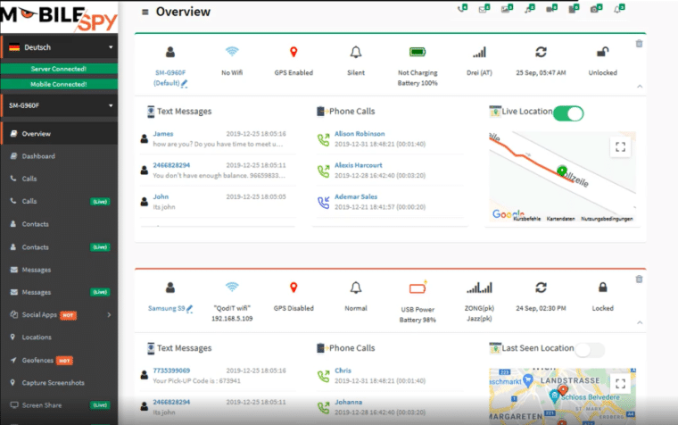 تظهر الصورة تطبيق Mobilespy.at يعرض موجزاً لأنشطة الهاتف الذي تتم مراقبته