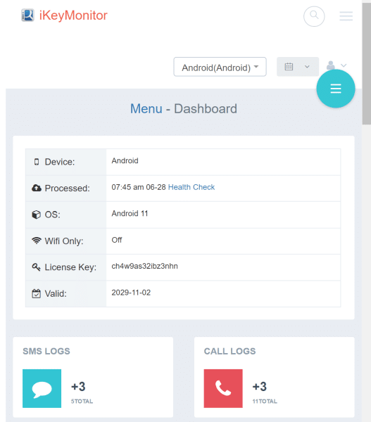 لوحة تحكم تطبيق iKeyMonitor تظهر معلومات حول الهاتف الذي تتم مراقبته