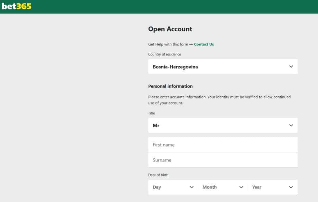 ispunite obrazac za registraciju na bet365 bih