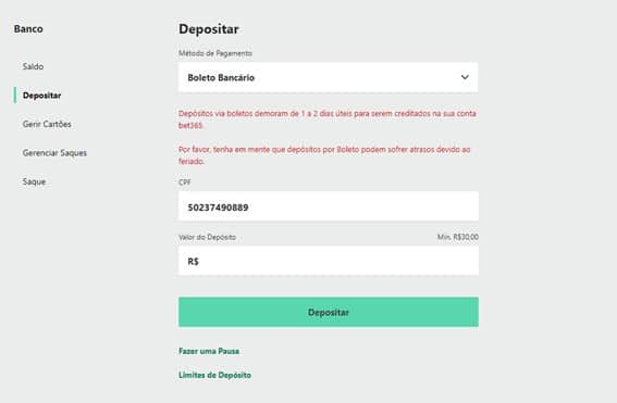 Deposite fundos na bet365