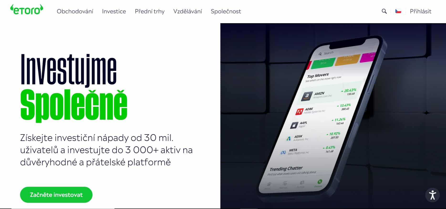 Úvodní stránka platformy eToro