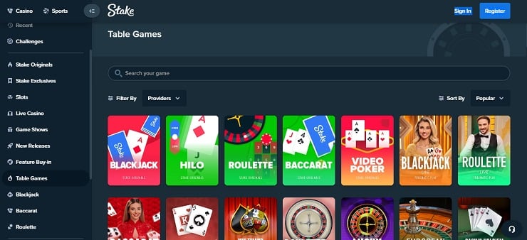 Stolní hry na casinu Stake