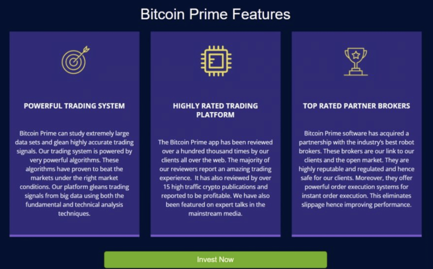 Tabulka popisující základní funkce bitcoin prime