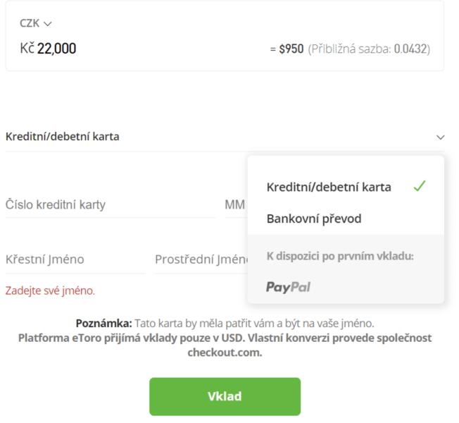 vklad prostředků na eToro