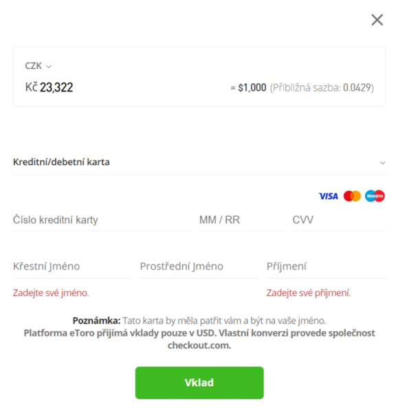 vložení prostředků na eToro