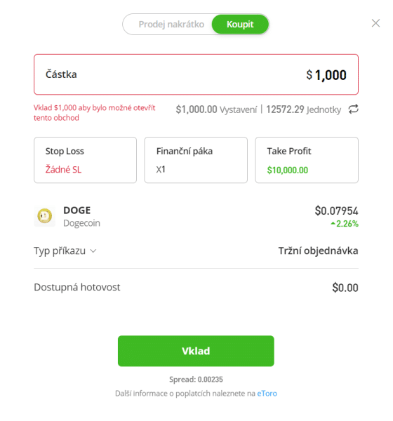 Nákup dogecoinu na platformě eToro