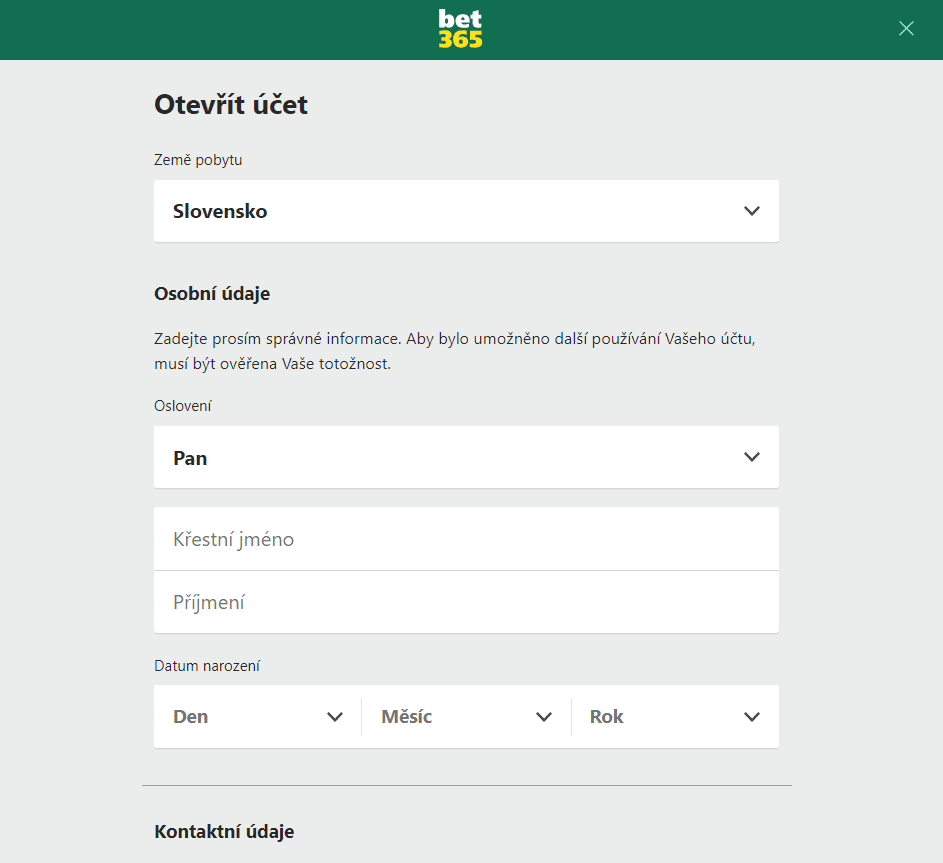 Registrace na platformě Bet365