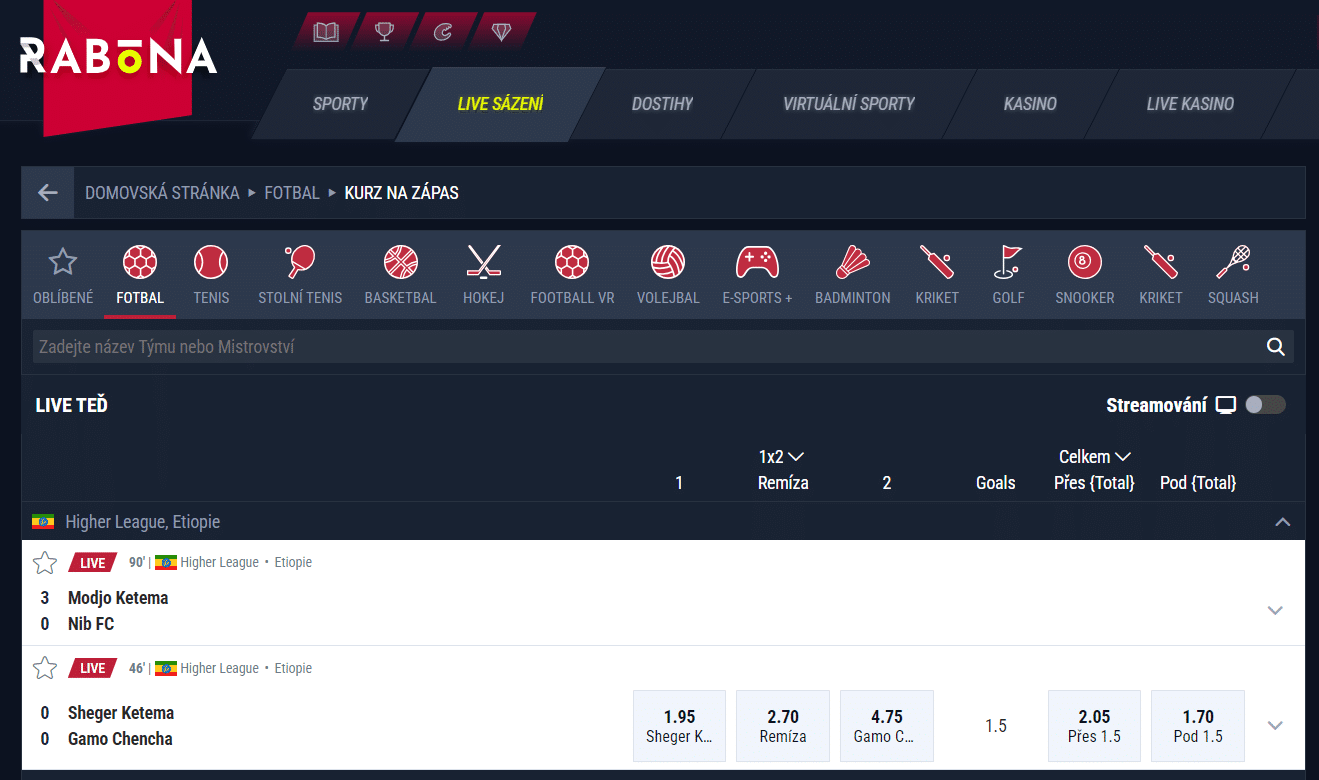 Live sázení na platformě Rabona
