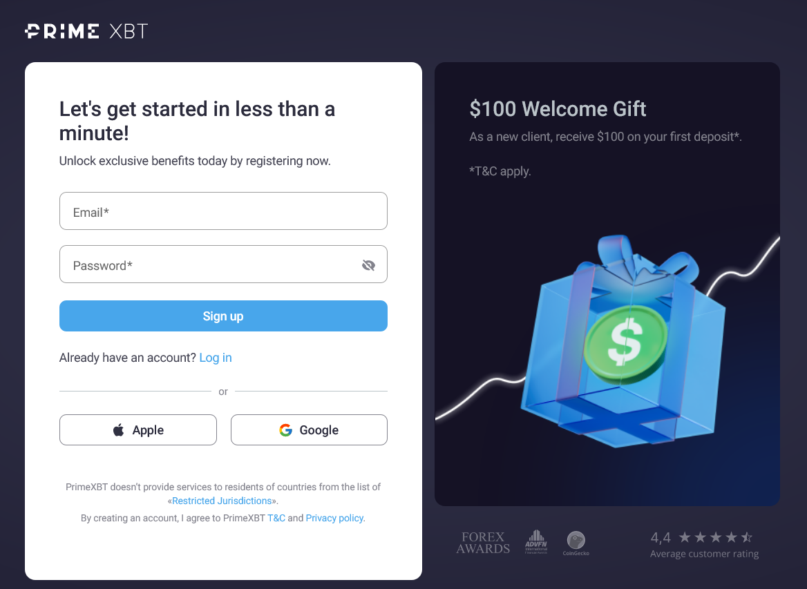 registrační formulář na Prime XBT, který nabízí možnost vyplnění e-mailu a hesla, nebo přilhlášení skrze Apple nebo Google